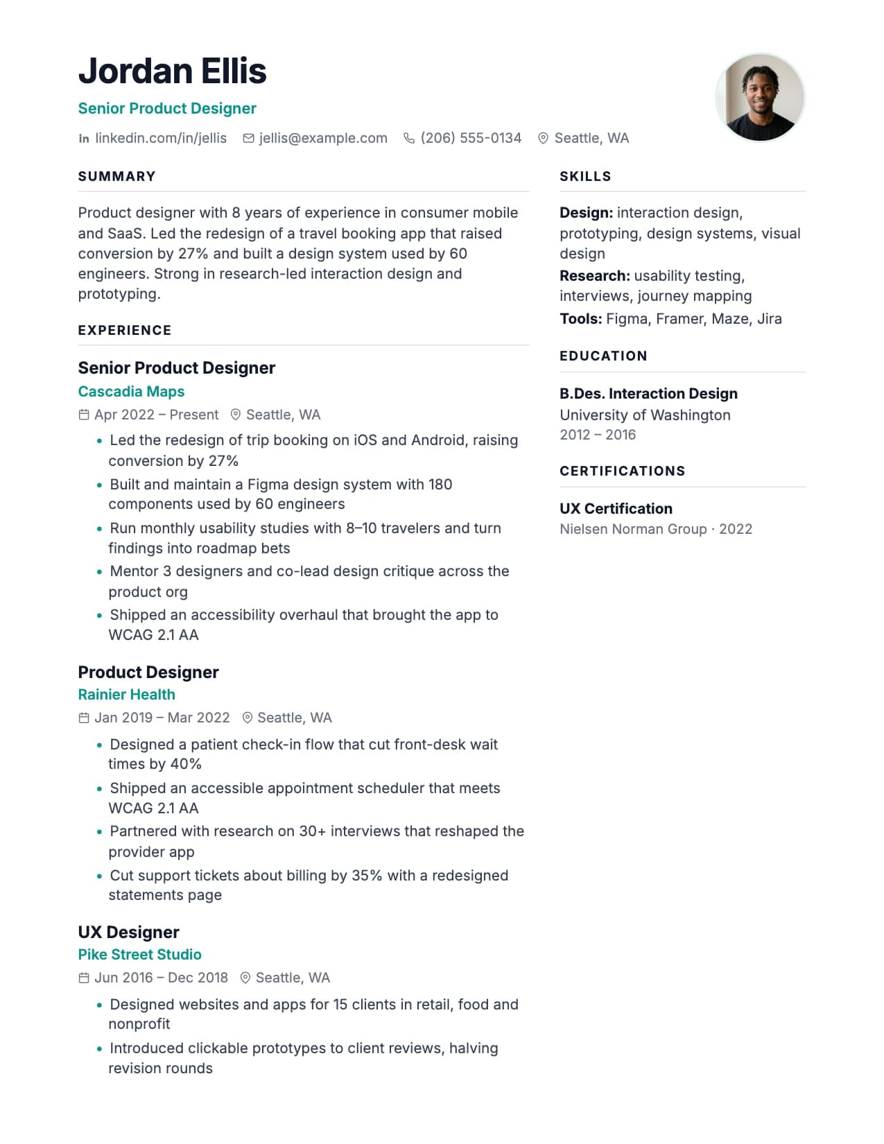 Aurora resume template Aurora two-column resume template with photo and skill chips, shown with a sample product designer resume