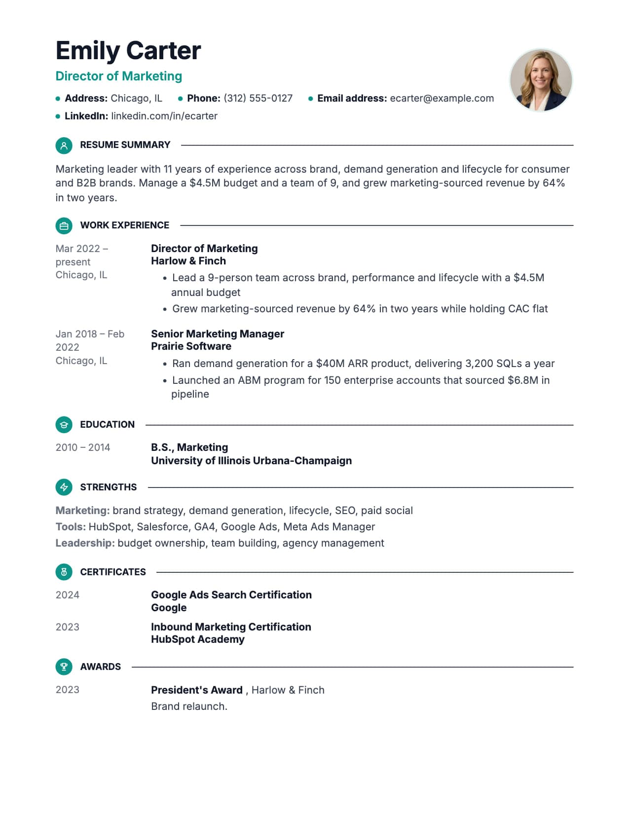 Bold Accent resume template Bold Accent resume template with photo and accent section icons, shown with a sample marketing director resume