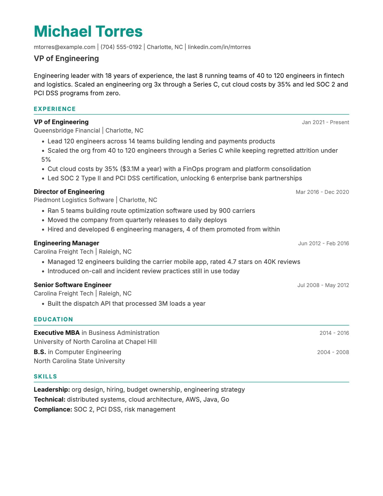 Classic resume template Classic resume template, a clean single-column ATS-friendly format, shown with a sample VP of Engineering resume