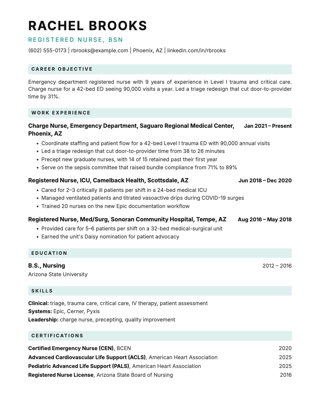 Classic Serif resume template Classic Serif resume template with serif type and grey section bands, shown with a sample registered nurse resume