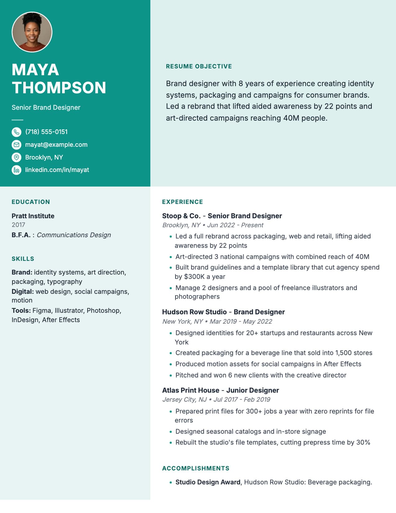 Electric Lilac resume template Electric Lilac resume template with a bold color sidebar and photo, shown with a sample brand designer resume