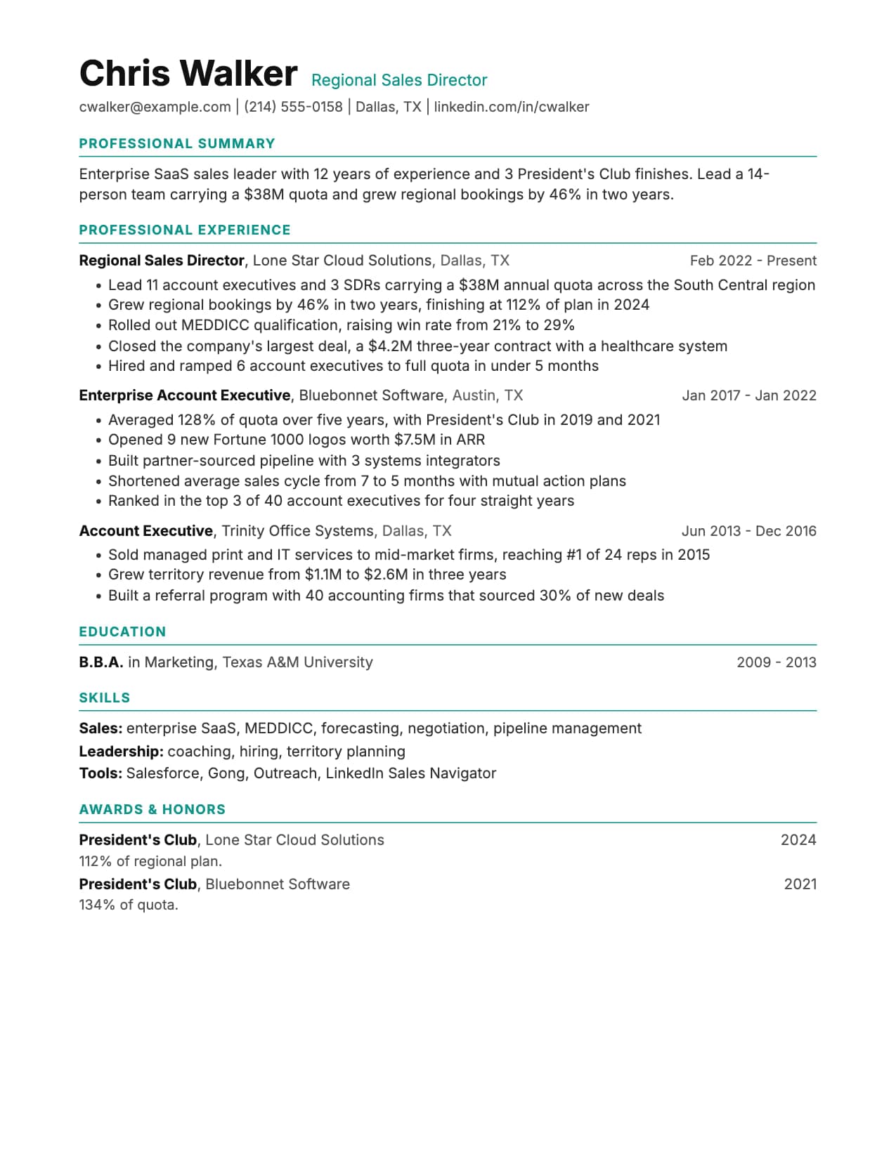 Executive resume template Executive resume template for senior roles, shown with a sample regional sales director resume