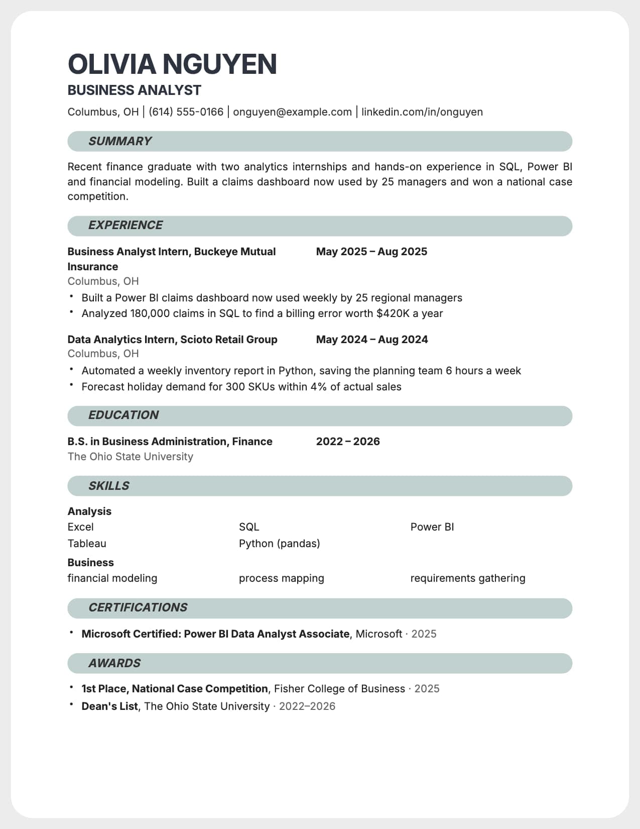 Graphite resume template Graphite resume template with pill section headings, shown with a sample entry-level business analyst resume