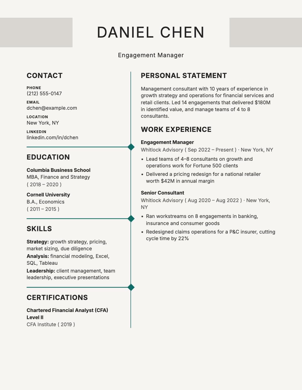 Linen resume template Linen minimalist two-column resume template, shown with a sample management consultant resume