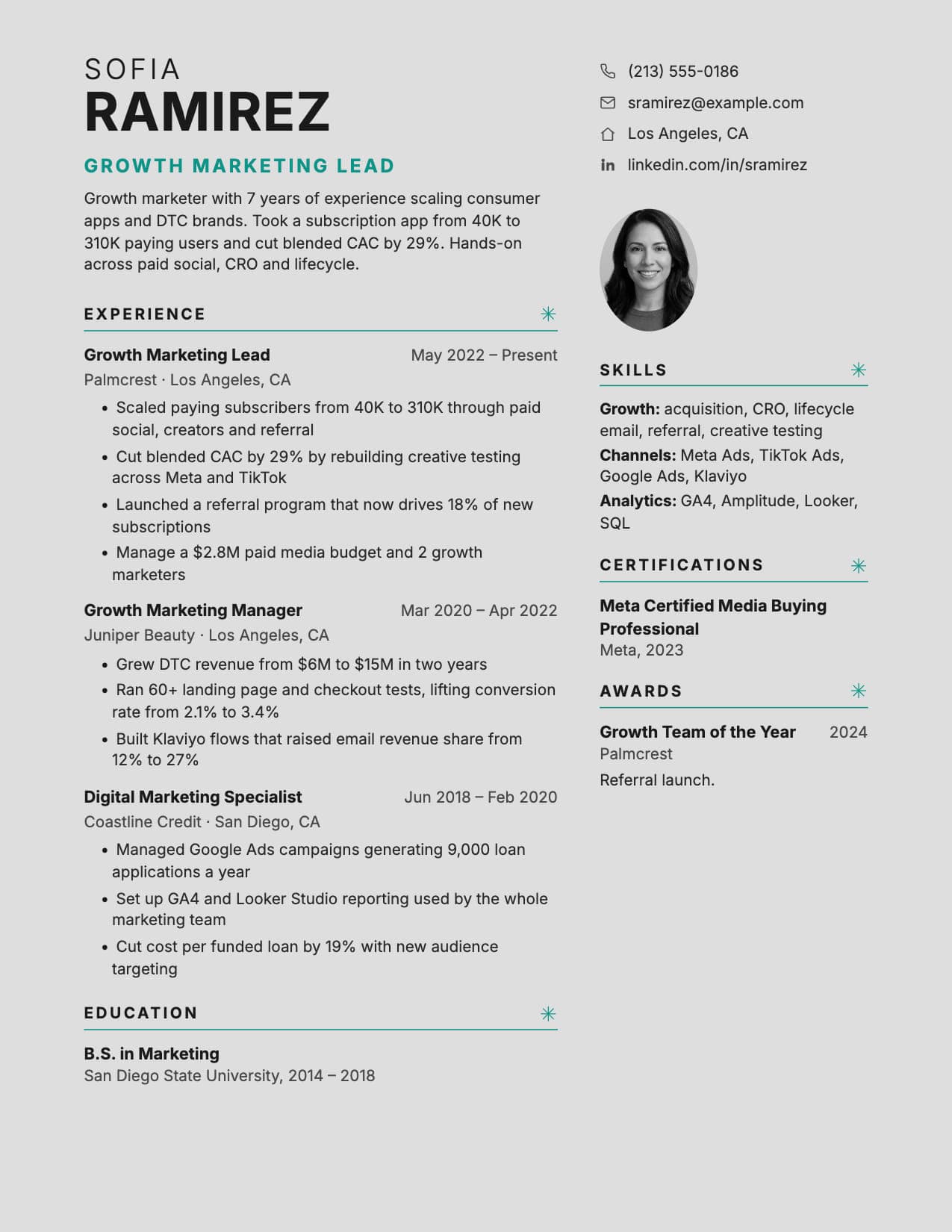 Portrait resume template Portrait resume template with headshot and split-weight name, shown with a sample growth marketing resume