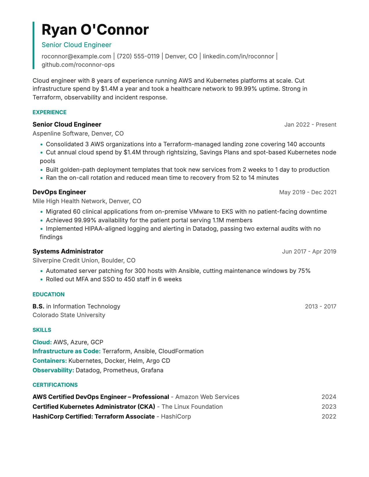 Sharp resume template Sharp resume template with bold headings and section rules, shown with a sample cloud engineer resume