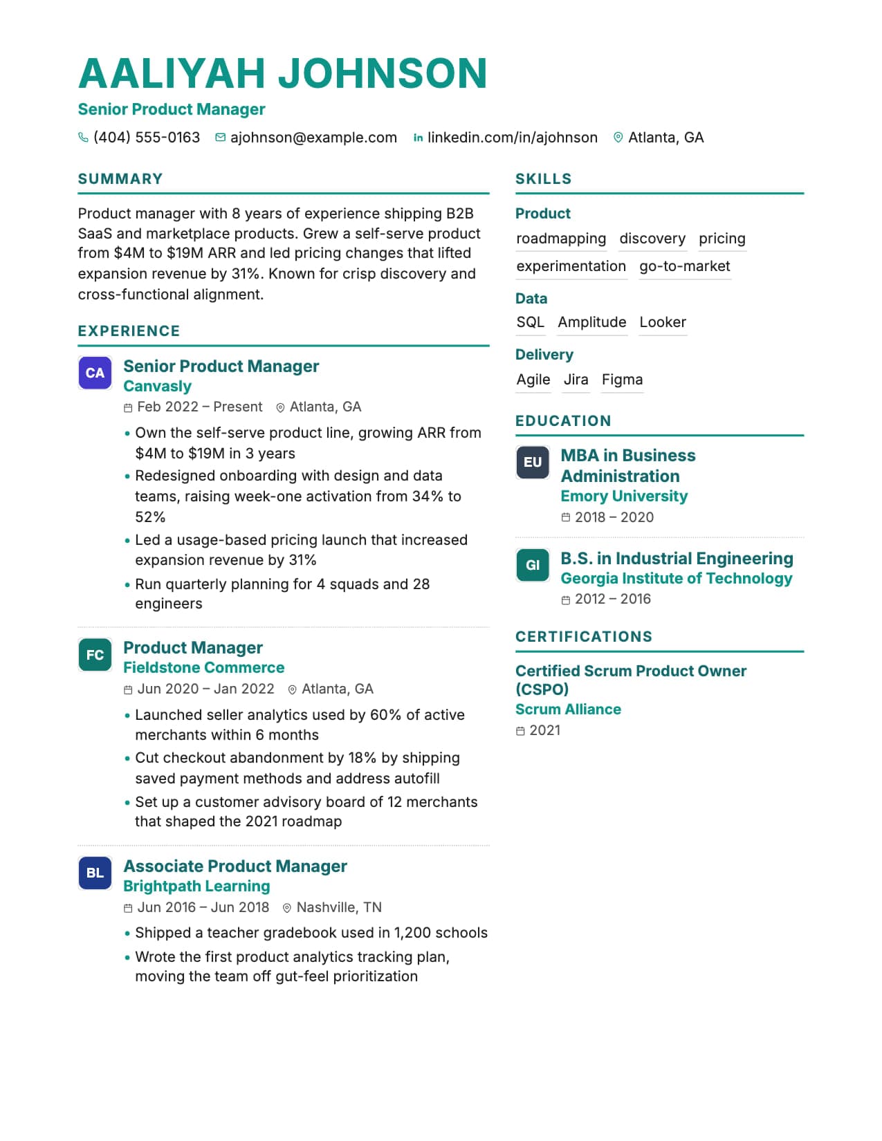 Vantage resume template Vantage resume template with company and school logos, shown with a sample senior product manager resume