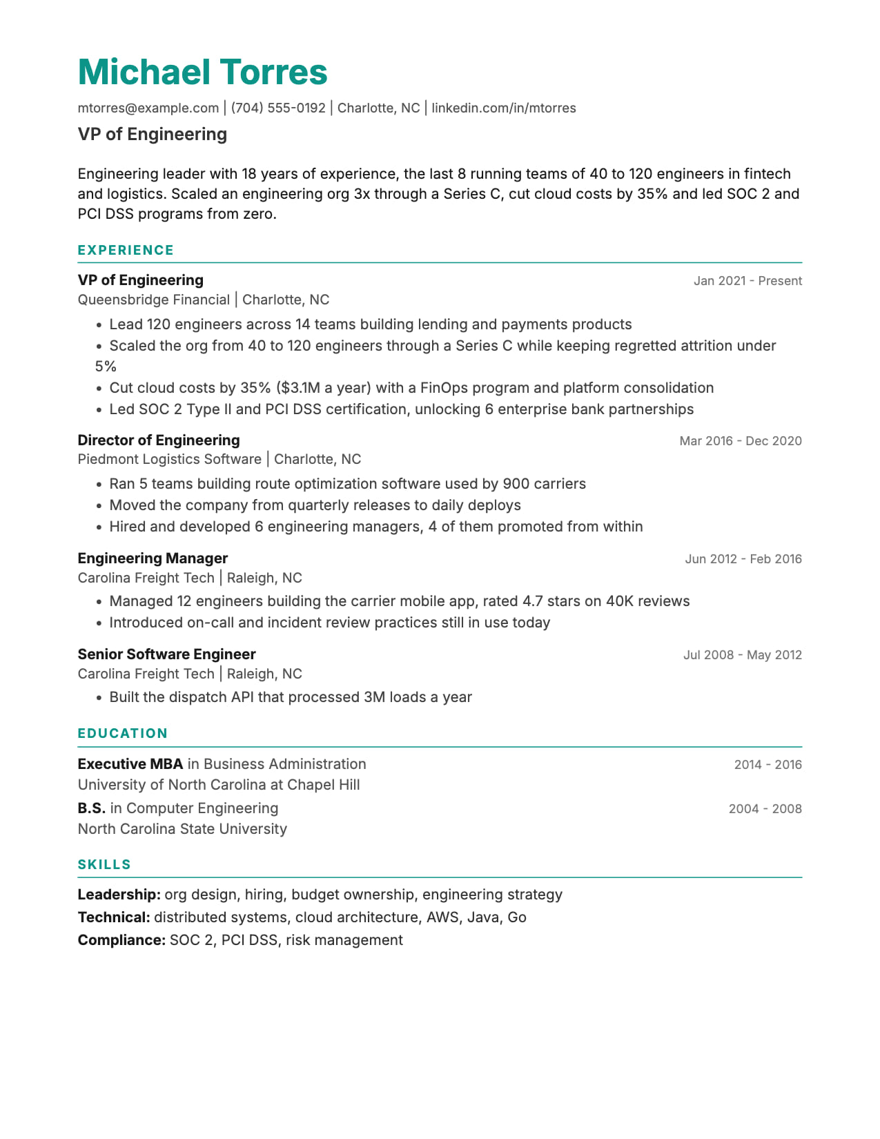 Classic resume template Classic resume template, a clean single-column ATS-friendly format, shown with a sample VP of Engineering resume