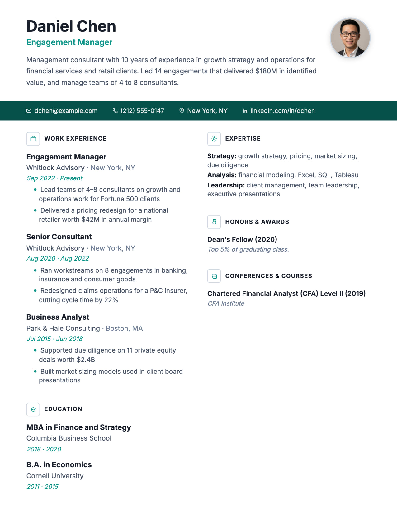 Executive Pro resume template Executive Pro resume template with photo header and dark contact bar, shown with a sample management consultant resume