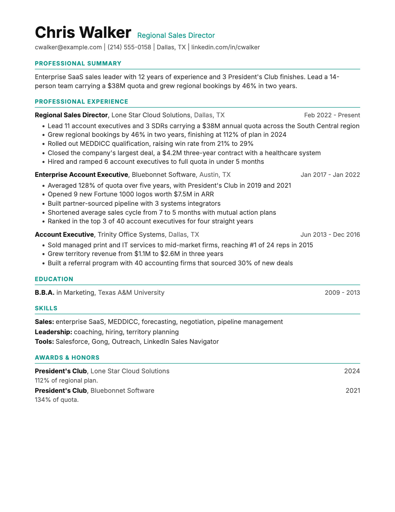 Executive resume template Executive resume template for senior roles, shown with a sample regional sales director resume