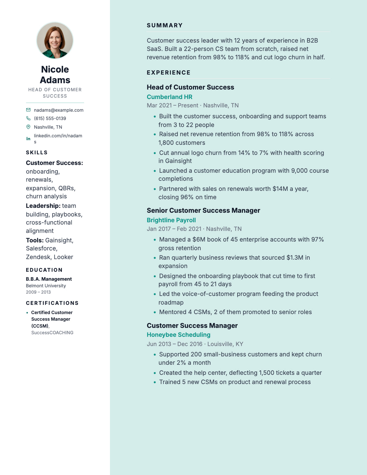 Executive Sidebar resume template Executive Sidebar resume template with photo in a dark sidebar, shown with a sample customer success leader resume