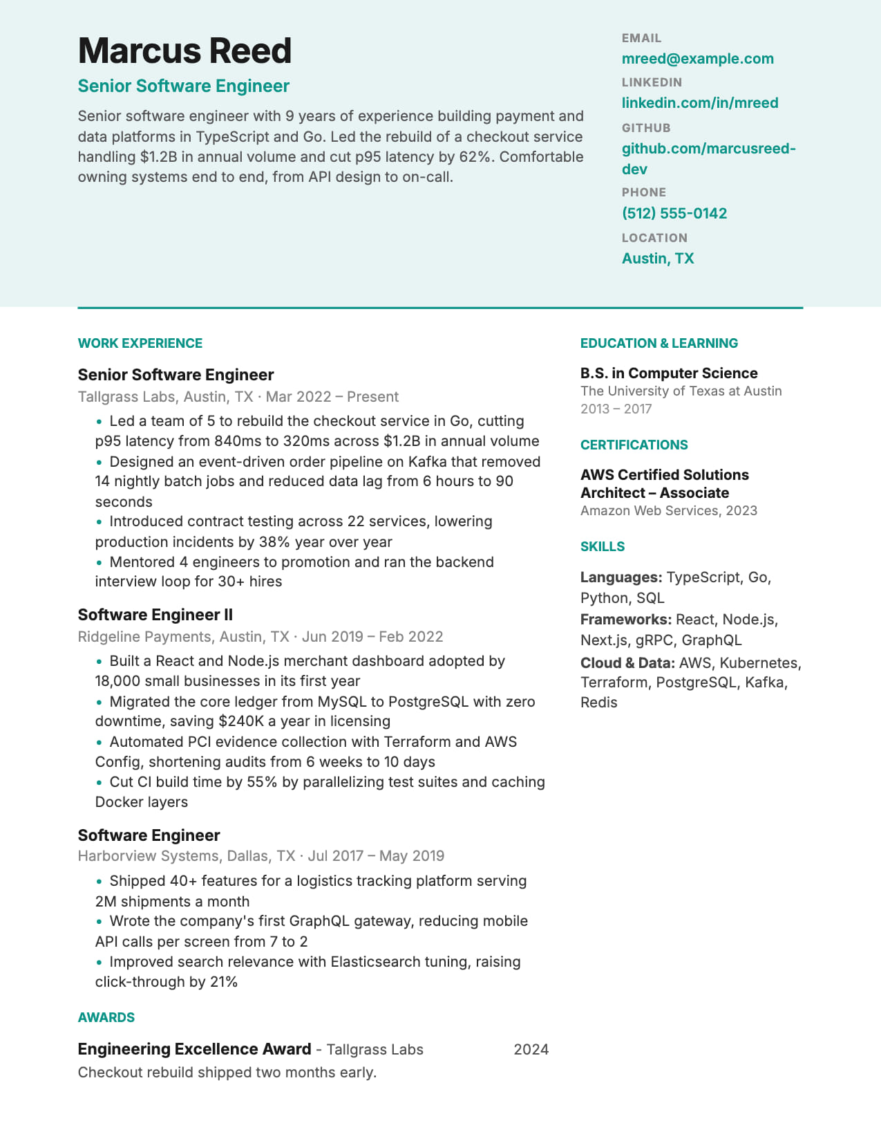Horizon resume template Horizon two-column resume template with a full-width header, shown with a sample software engineer resume