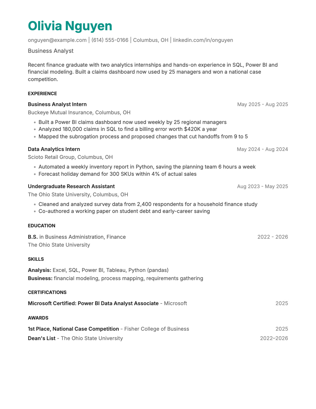 Minimal resume template Minimal resume template, a simple one-page format, shown with a sample entry-level business analyst resume