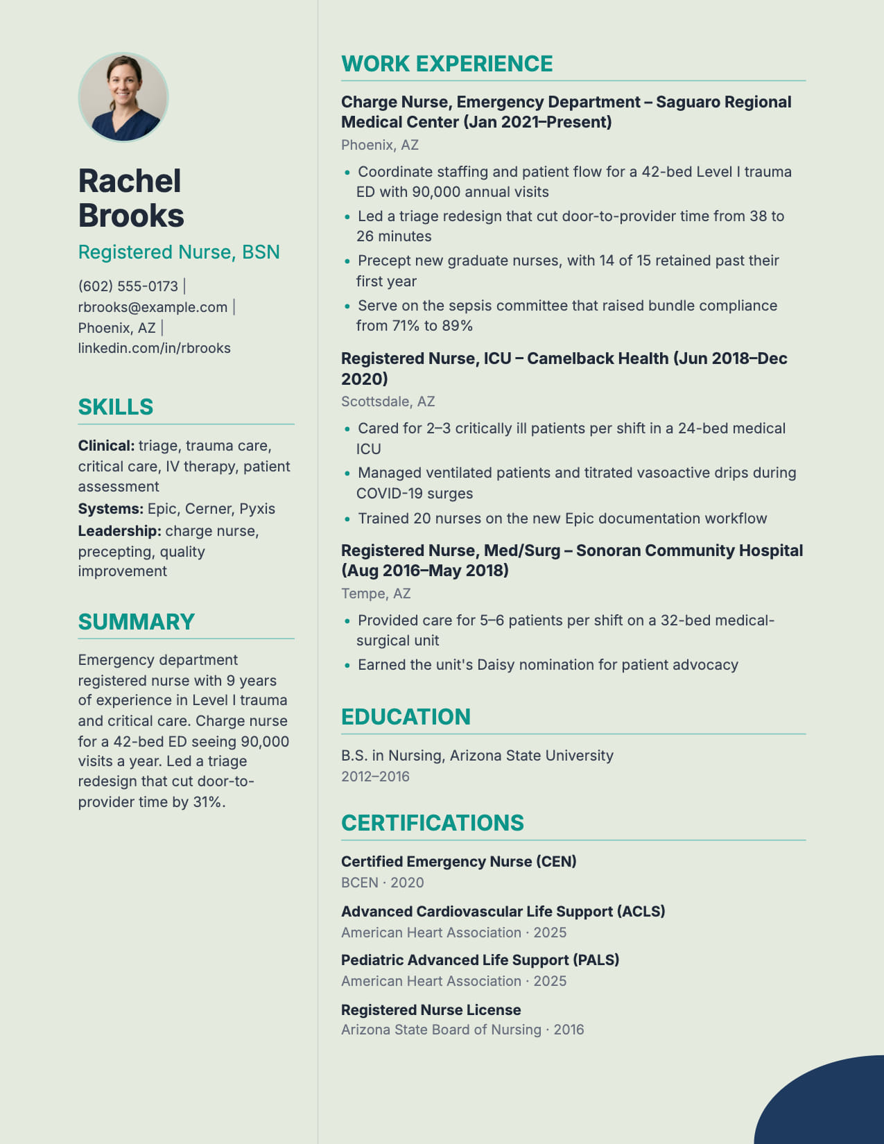Orchid resume template Orchid resume template with photo, serif headings and a warm sidebar, shown with a sample registered nurse resume